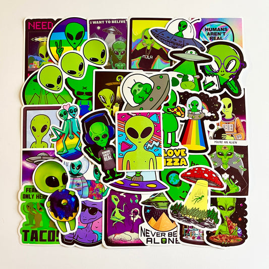 50 pcs Sticker pack UFO Aliens Waterproof for laptop, car, helmet, bike, scooter Stickers