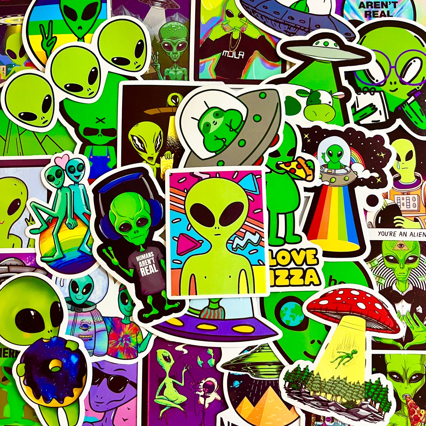 50 pcs Sticker pack UFO Aliens Waterproof for laptop, car, helmet, bike, scooter Stickers