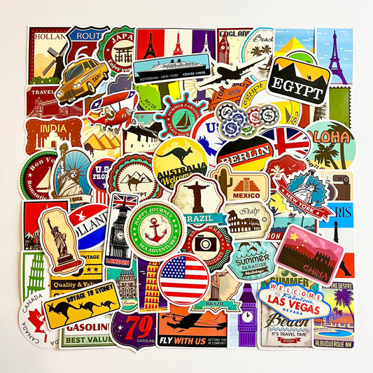 100 pcs Sticker pack TRAVEL countries Waterproof for laptop, car, helmet, bike, scooter Stickers